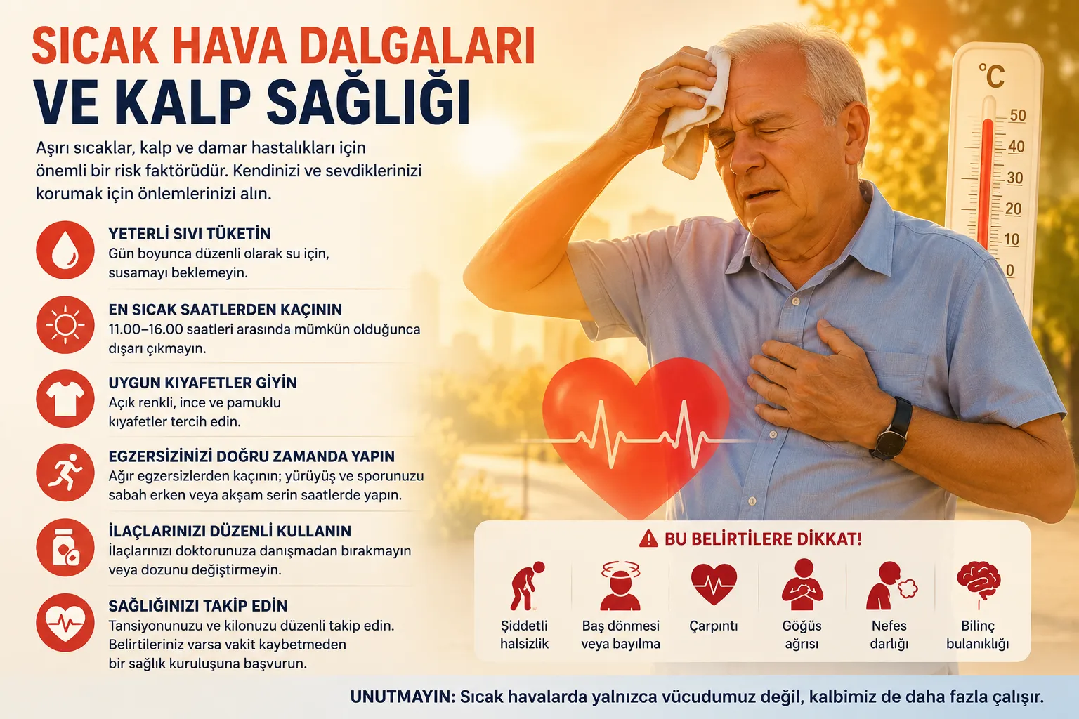 Sıcakta terleyip göğsünü tutan yaşlı bir adam ve sıcaktan korunma önerilerini özetleyen bilgi grafiği